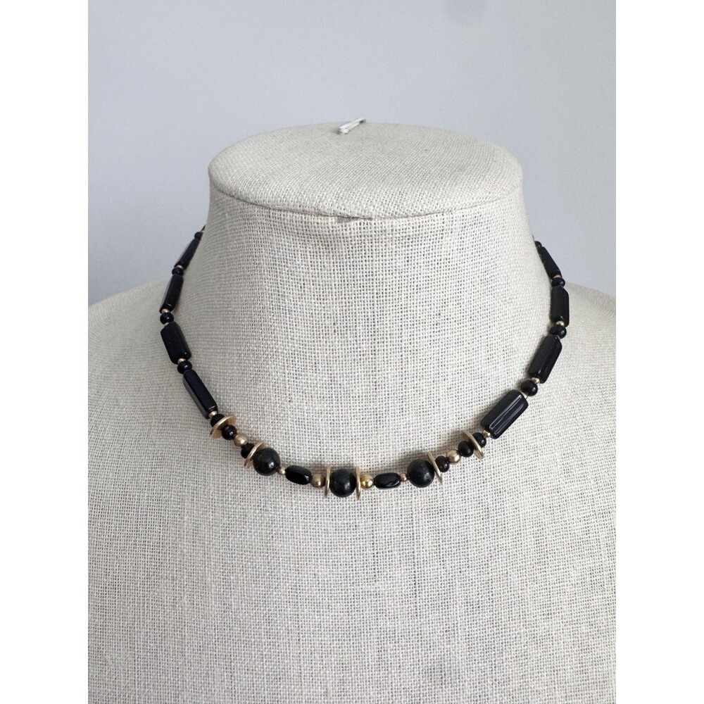 Vintage Black And Gold French Jet Glass Collar Necklace 14” - Picture 1 of 6